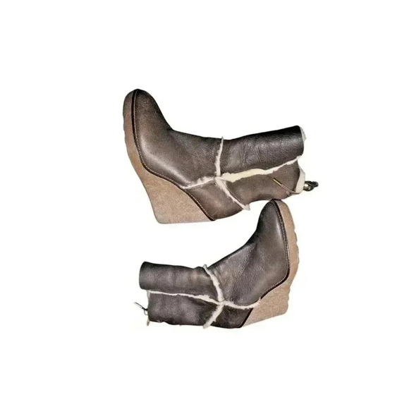 Moncler Brown Leather Merino Fur Boots Platform Wedge Booties 39 USA 8.5 - Picture 2 of 14